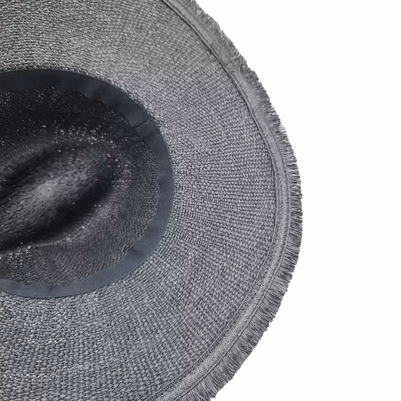 Wholesale Black Woven Paper Straw Panama Wide Brim Hat with Fringe