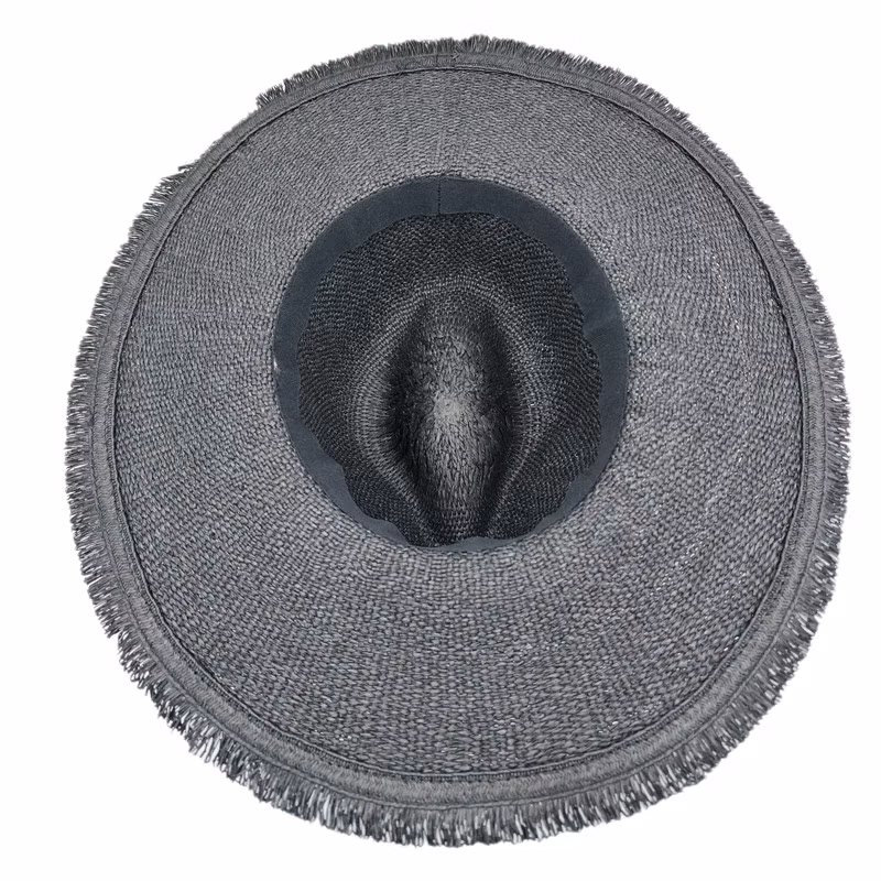 Wholesale Black Woven Paper Straw Panama Wide Brim Hat with Fringe