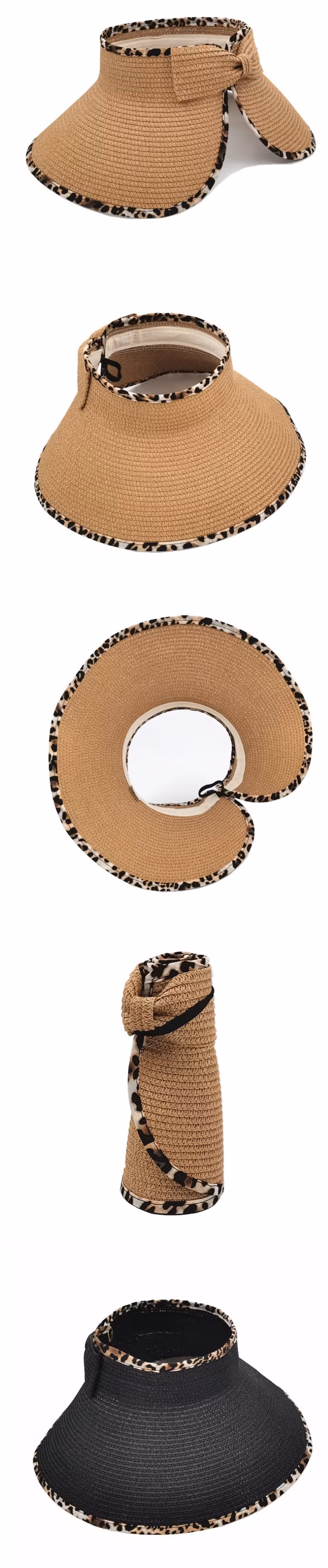 New Design Arrive Hot Sale Summer Bow Sun Straw Travel Hat Foldable Leopard Edge Ponytail Beach Women Visors Straw Hats