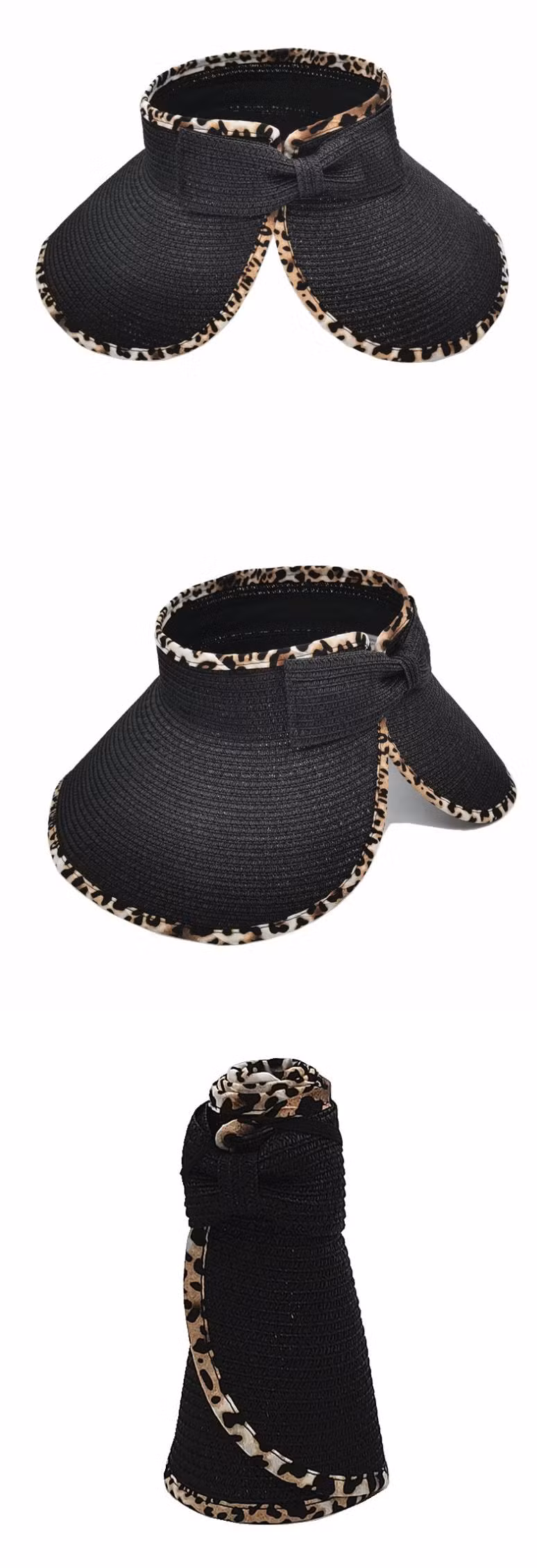 New Design Arrive Hot Sale Summer Bow Sun Straw Travel Hat Foldable Leopard Edge Ponytail Beach Women Visors Straw Hats