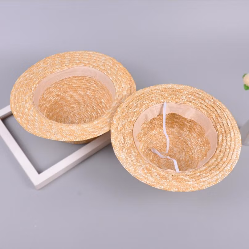 Cute Child Girls Straw Hat Bowknot Sun Hat Kids Large Brim Beach Summer Boater Beach Ribbon Round Flat Top Fedora Hat 54cm