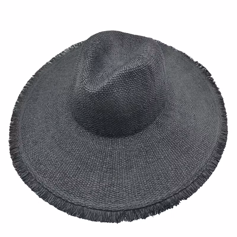 Wholesale Black Woven Paper Straw Panama Wide Brim Hat with Fringe