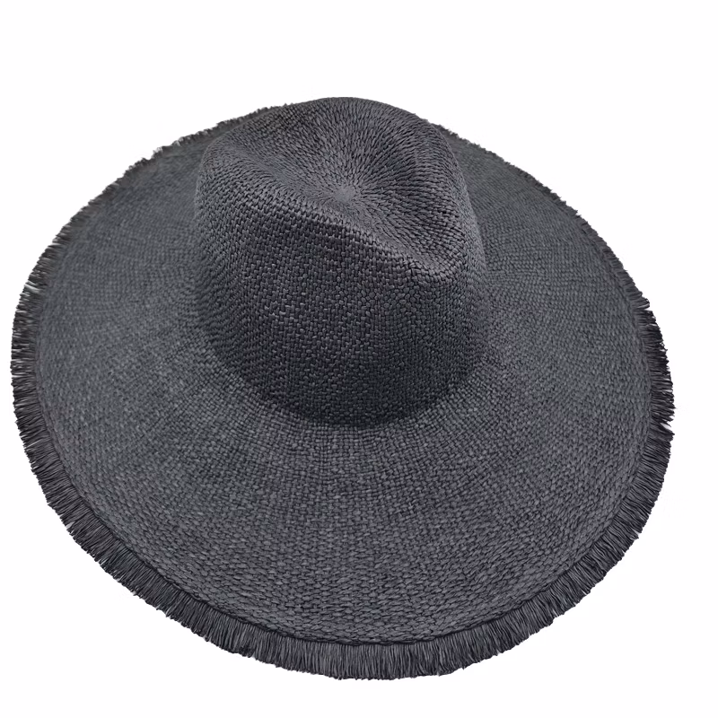 Wholesale Black Woven Paper Straw Panama Wide Brim Hat with Fringe