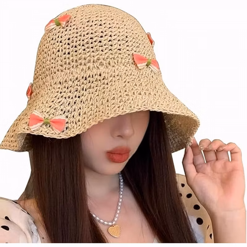 Cappello a secchiello per ragazze adolescenti con fiocco e decorazioni in crochet, cappello di paglia floscio casual