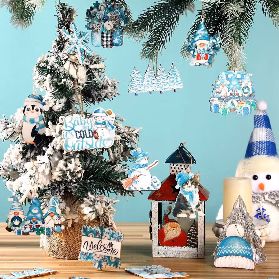 Cool Blue Christmas Blue Wooden Pendant, Wholesale Hat, Snowman Winter Wooden Decoration Supplies
