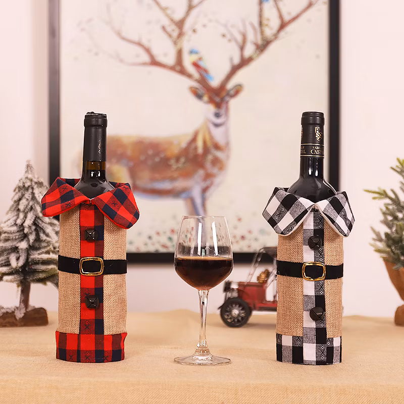 New Christmas Decorations Nordic Style Linen Plaid Clothes Bell Wine Bottle Set Red Wine Bag Decorations