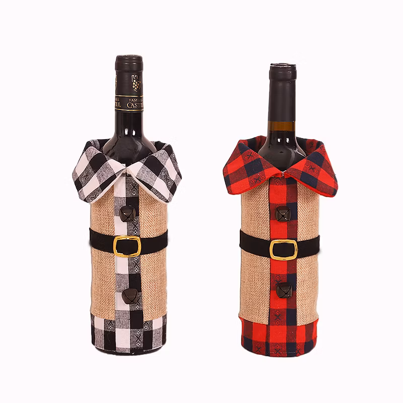 New Christmas Decorations Nordic Style Linen Plaid Clothes Bell Wine Bottle Set Red Wine Bag Decorations