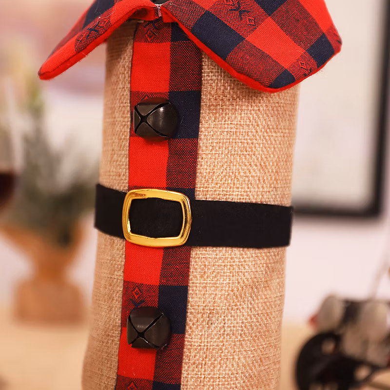 New Christmas Decorations Nordic Style Linen Plaid Clothes Bell Wine Bottle Set Red Wine Bag Decorations