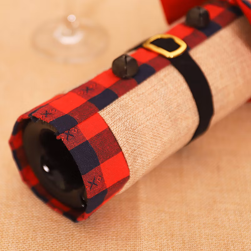 New Christmas Decorations Nordic Style Linen Plaid Clothes Bell Wine Bottle Set Red Wine Bag Decorations