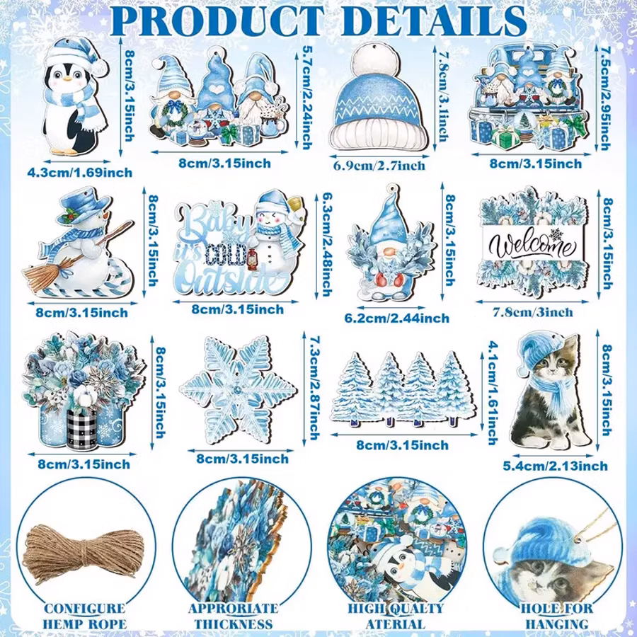 Cool Blue Christmas Blue Wooden Pendant, Wholesale Hat, Snowman Winter Wooden Decoration Supplies