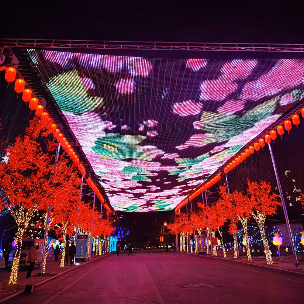 Flexible LED Grid Mesh Pixel Lights Outdoor Screen Advertisi Transparent Glass Soft Display Screen RGB Full Colors Spi Ttl DMX512 P50 P100 for Video Advertising