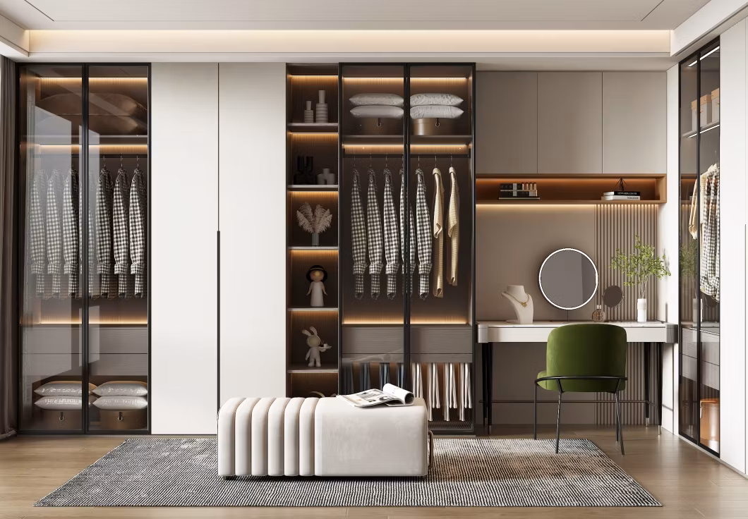 Modern Aluminum Alloy Bedroom Room Grey Wardrobe Walk-in Closet Custom Design L-Shaped with Dressing Table Mirror