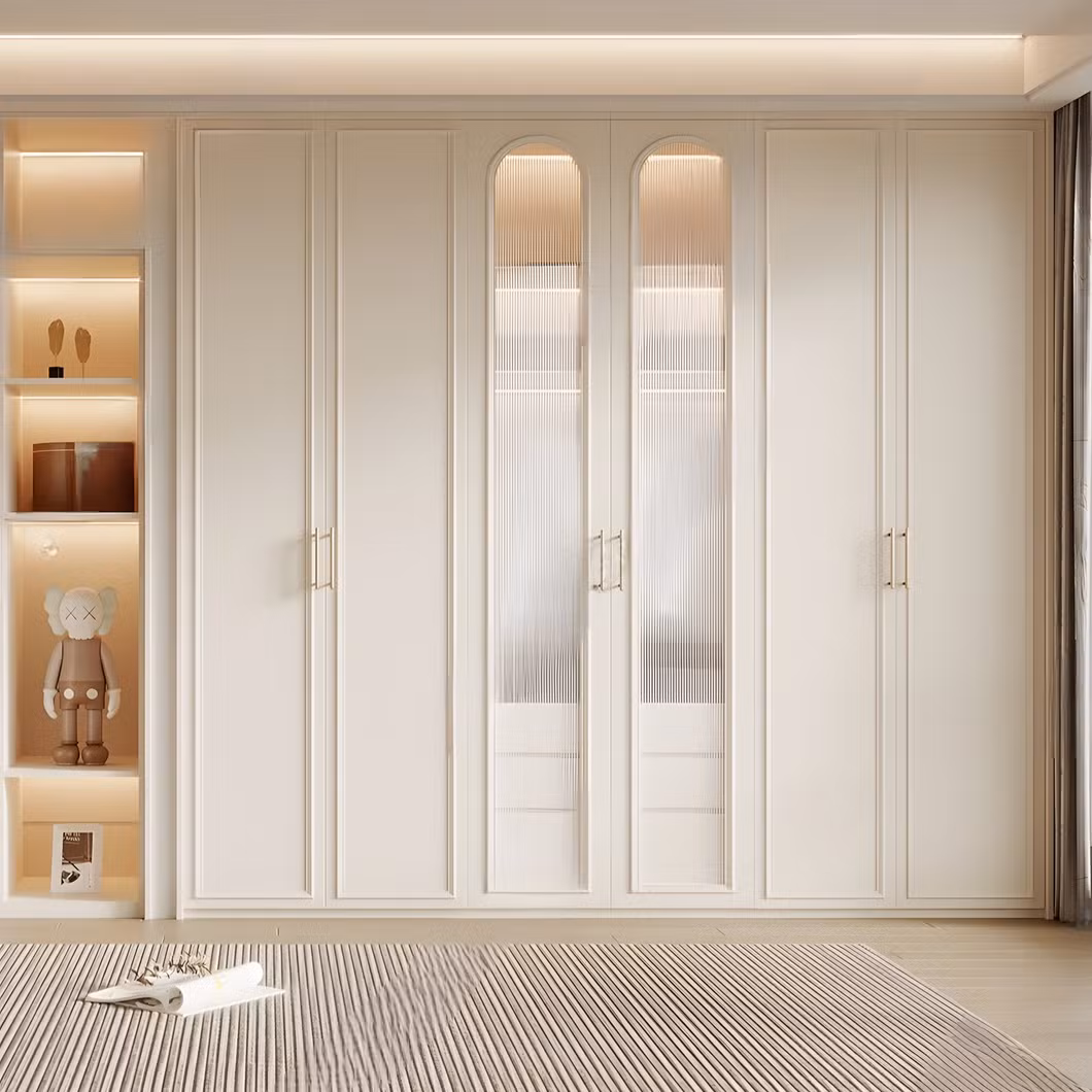 Swete French Custom Design White Closet Glass Door Lights with Wardrobe Bedroom Furniture