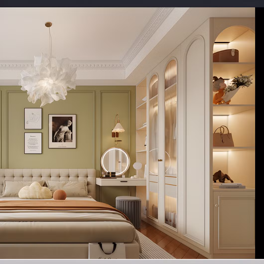 Swete French Custom Design White Closet Glass Door Lights with Wardrobe Bedroom Furniture