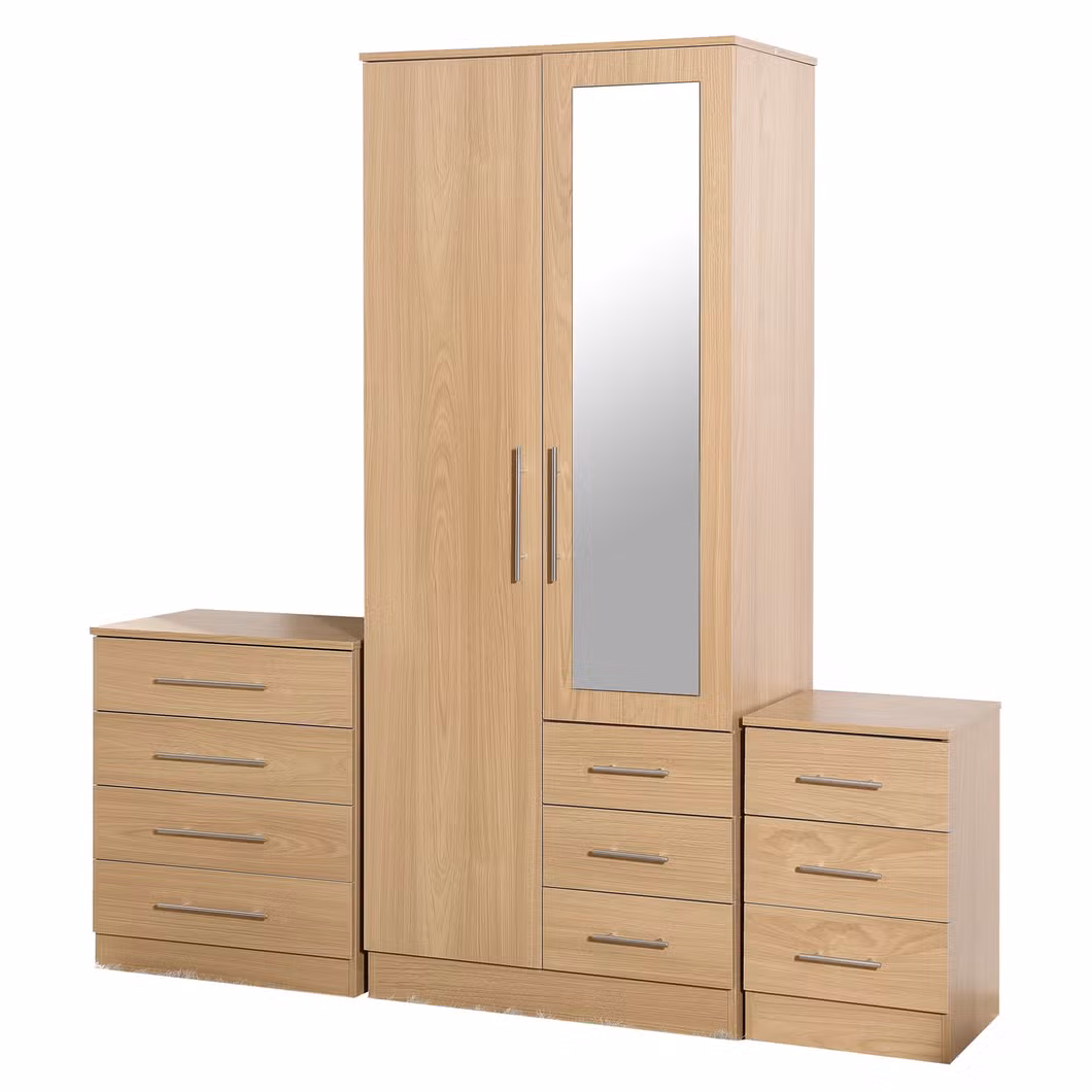 Wholesale Mirrored Wardrobe Wood Grain Design High Gloss Bedroom Set