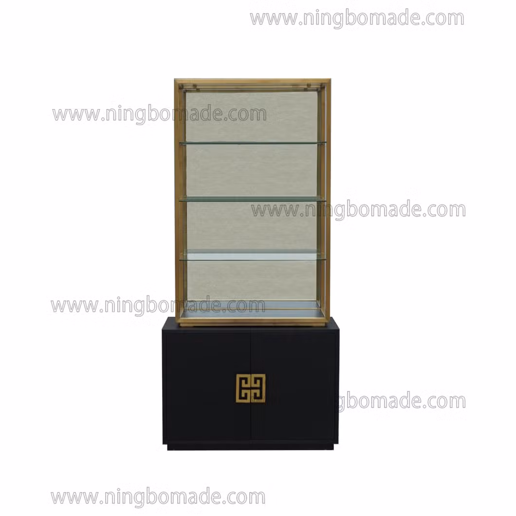 High Fashion Home Furniture Brushed Brass Finish Ebony Black Oak Veneer Base Etagere Cabinet