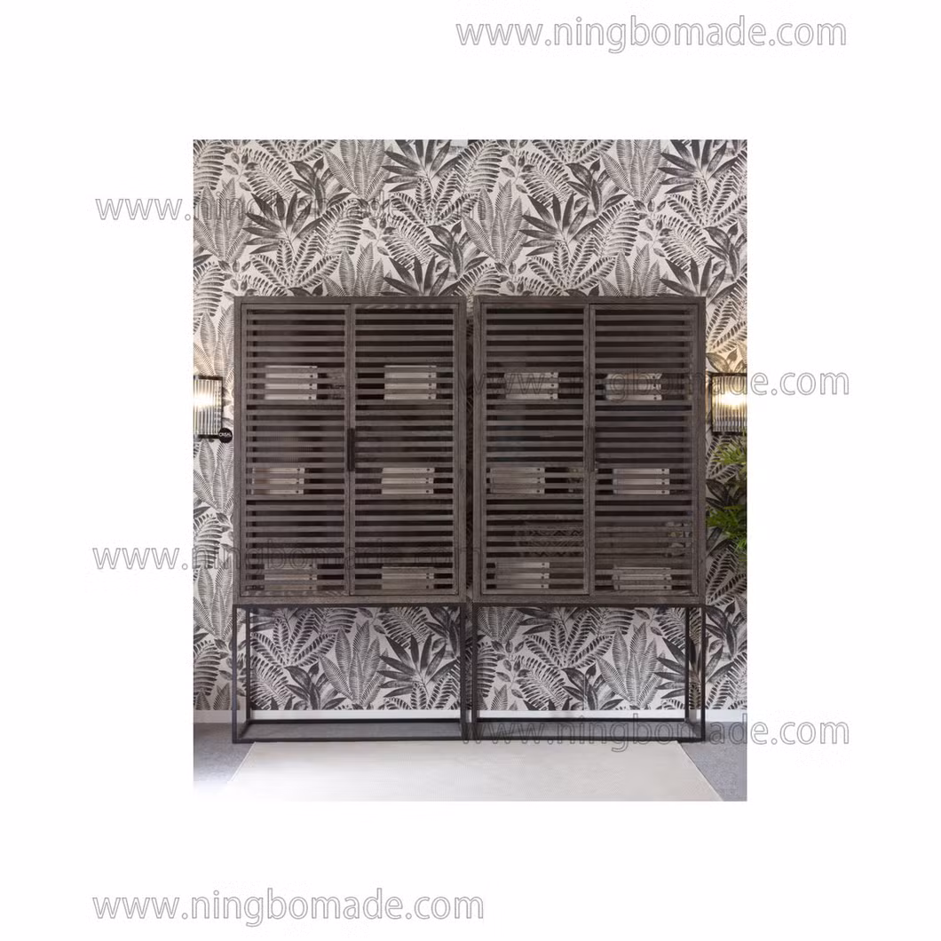 Clean Rectangular Design Furniture Ebony Oak Iron and 2 Louvered Glass Doors Cupboard Cabinet