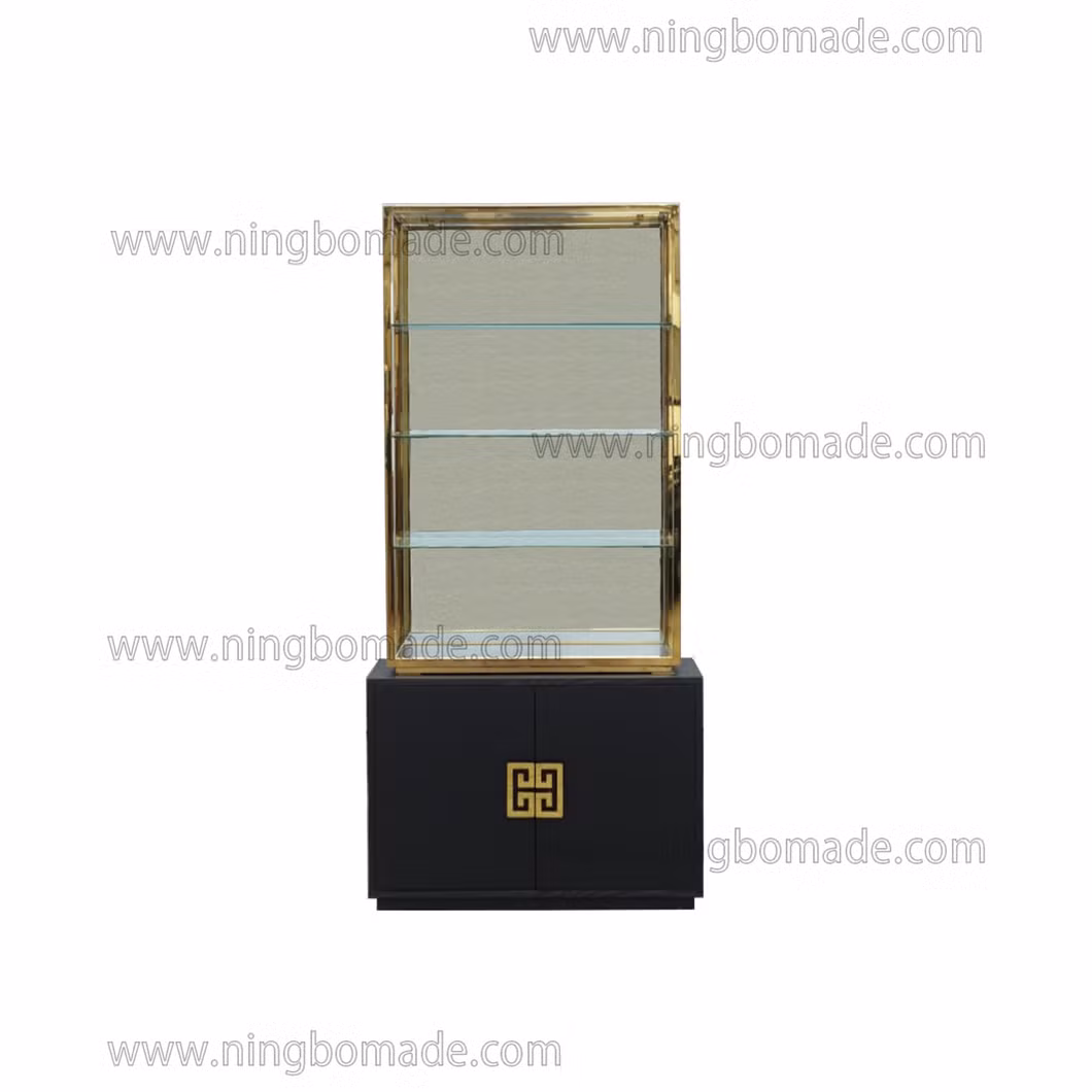 High Fashion Home Furniture Polish Gold Finish Ebony Black Oak Veneer Base Etagere Cabinet
