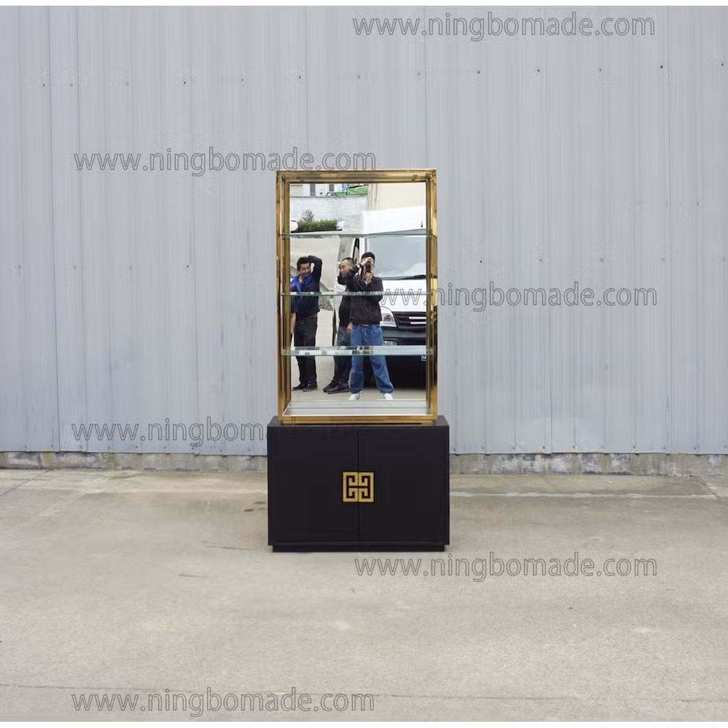 High Fashion Home Furniture Polish Gold Finish Ebony Black Oak Veneer Base Etagere Cabinet