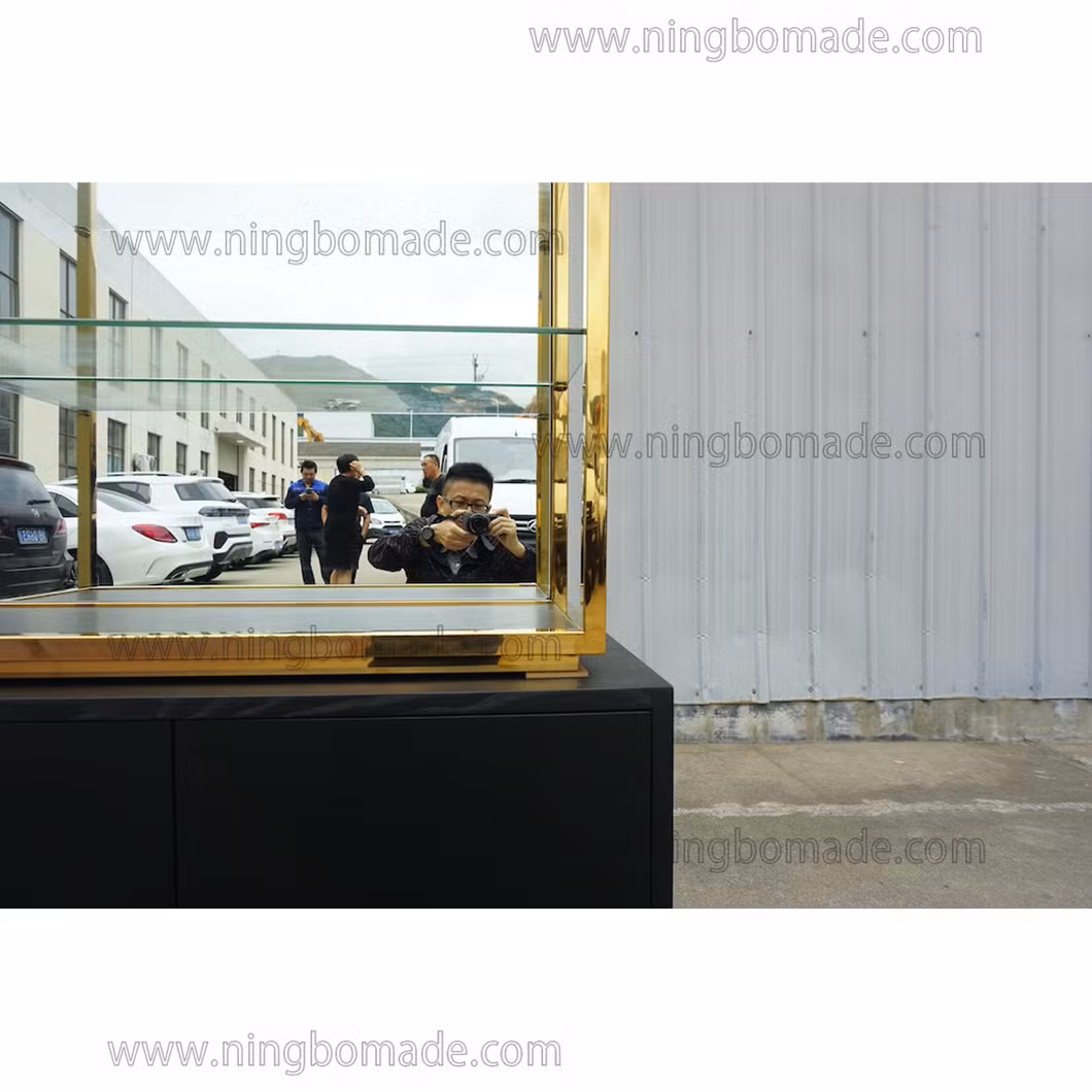 High Fashion Home Furniture Polish Gold Finish Ebony Black Oak Veneer Base Etagere Cabinet