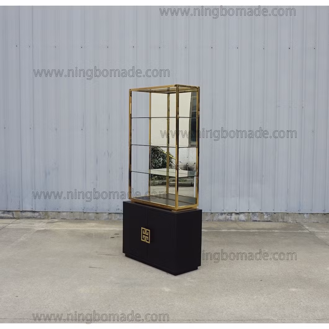High Fashion Home Furniture Polish Gold Finish Ebony Black Oak Veneer Base Etagere Cabinet