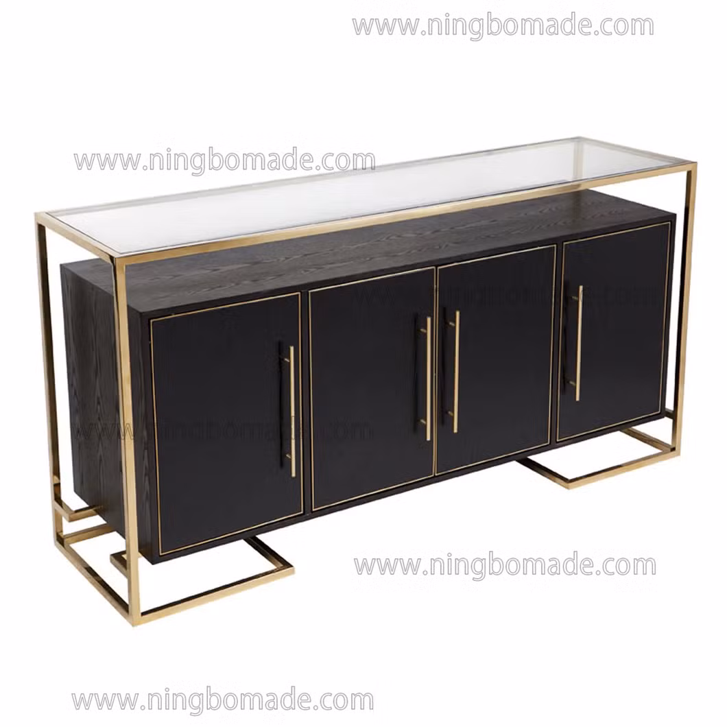 Sleek Perfectly Proportioned Furniture Ebony Oak Polishing Golden Stainless Steel Buffet Cabinet