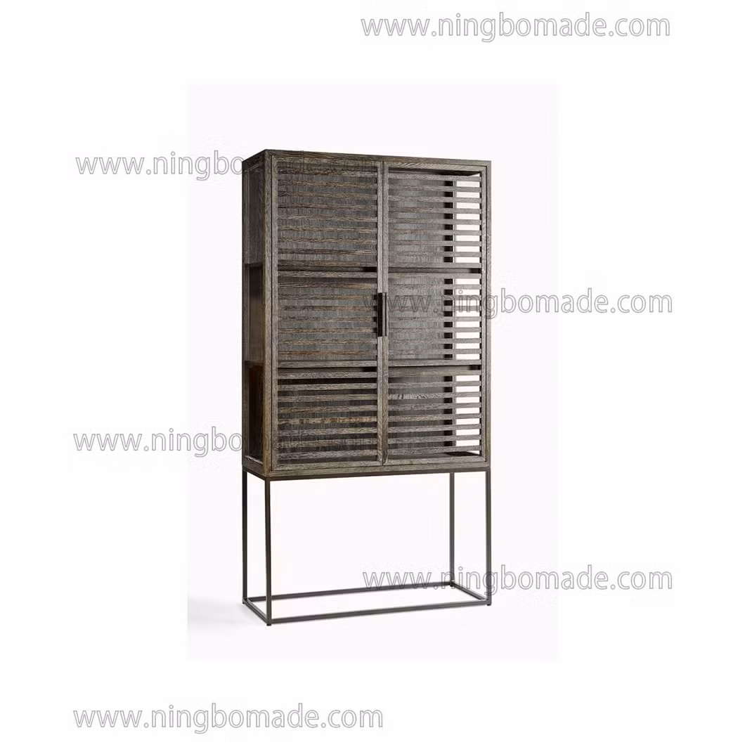 Clean Rectangular Design Furniture Ebony Oak Iron and 2 Louvered Glass Doors Cupboard Cabinet