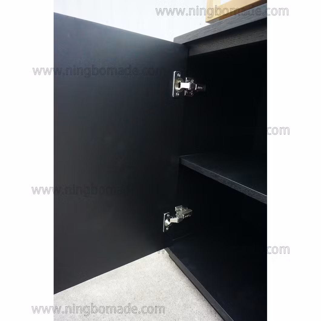 High Fashion Home Furniture Brushed Brass Finish Ebony Black Oak Veneer Base Etagere Cabinet