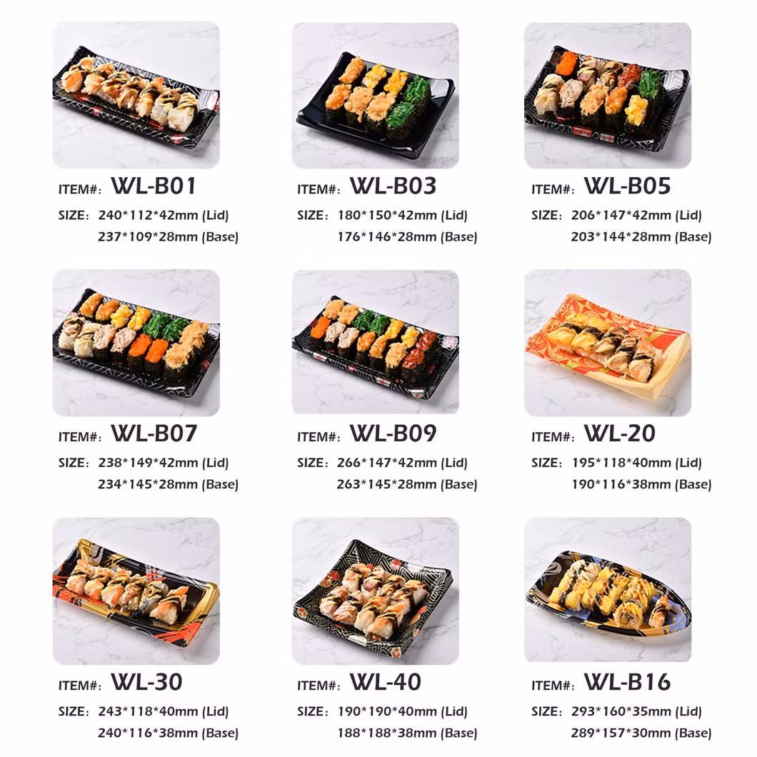 Manluen Blue White Printing High Durability Sealed Buckle Design Plastic Food Packaging Takeaway Disposable Boat Shape Sushi Tray