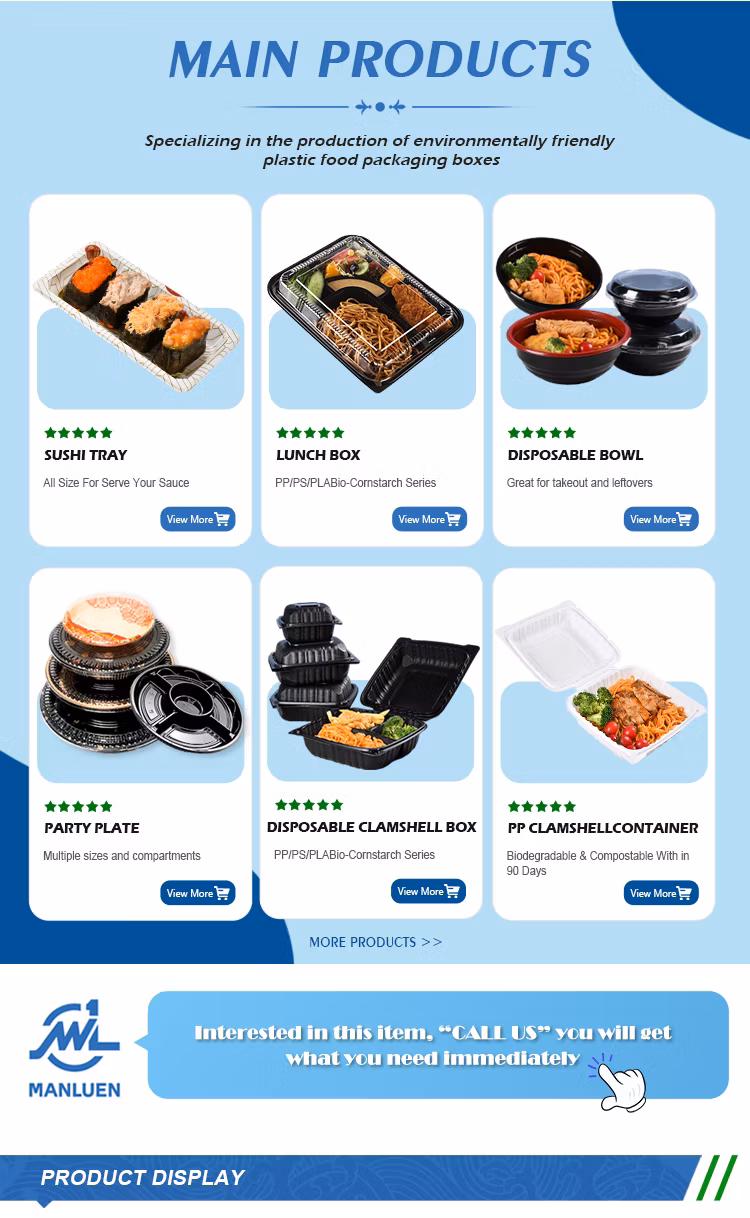 Manluen Blue White Printing High Durability Sealed Buckle Design Plastic Food Packaging Takeaway Disposable Boat Shape Sushi Tray