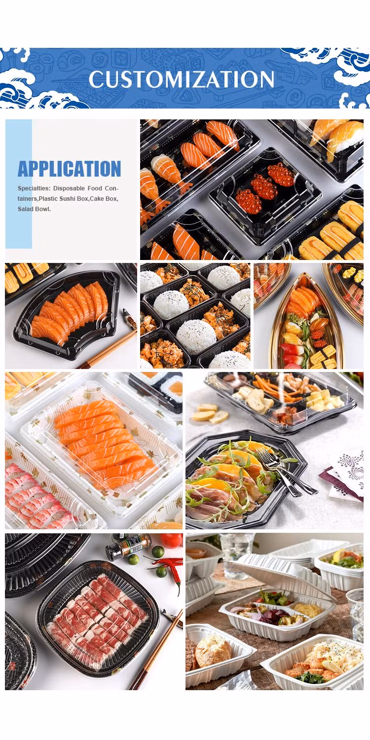 Manluen Blue White Printing High Durability Sealed Buckle Design Plastic Food Packaging Takeaway Disposable Boat Shape Sushi Tray