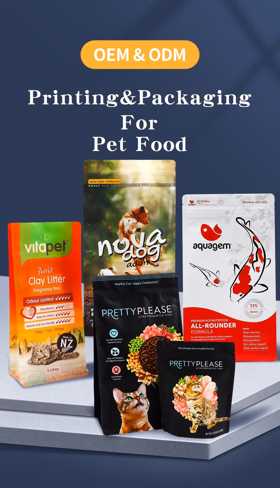 40 Pounds Heavy Duty Large Size Flat Bottom Pet Food OEM Flexible Metallized Film Packaging Laminated Plastic 1.5kg 3kg 7.5kg 15kg 20 Kg 25kgs Cat Dog Food Bag