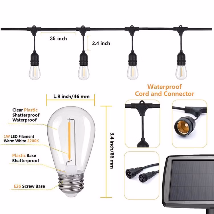 Edison S14 LED Vintage Bulb Connectable Waterproof Solar String Lights Outdoor Lowes for Backyard Wedding Decoration