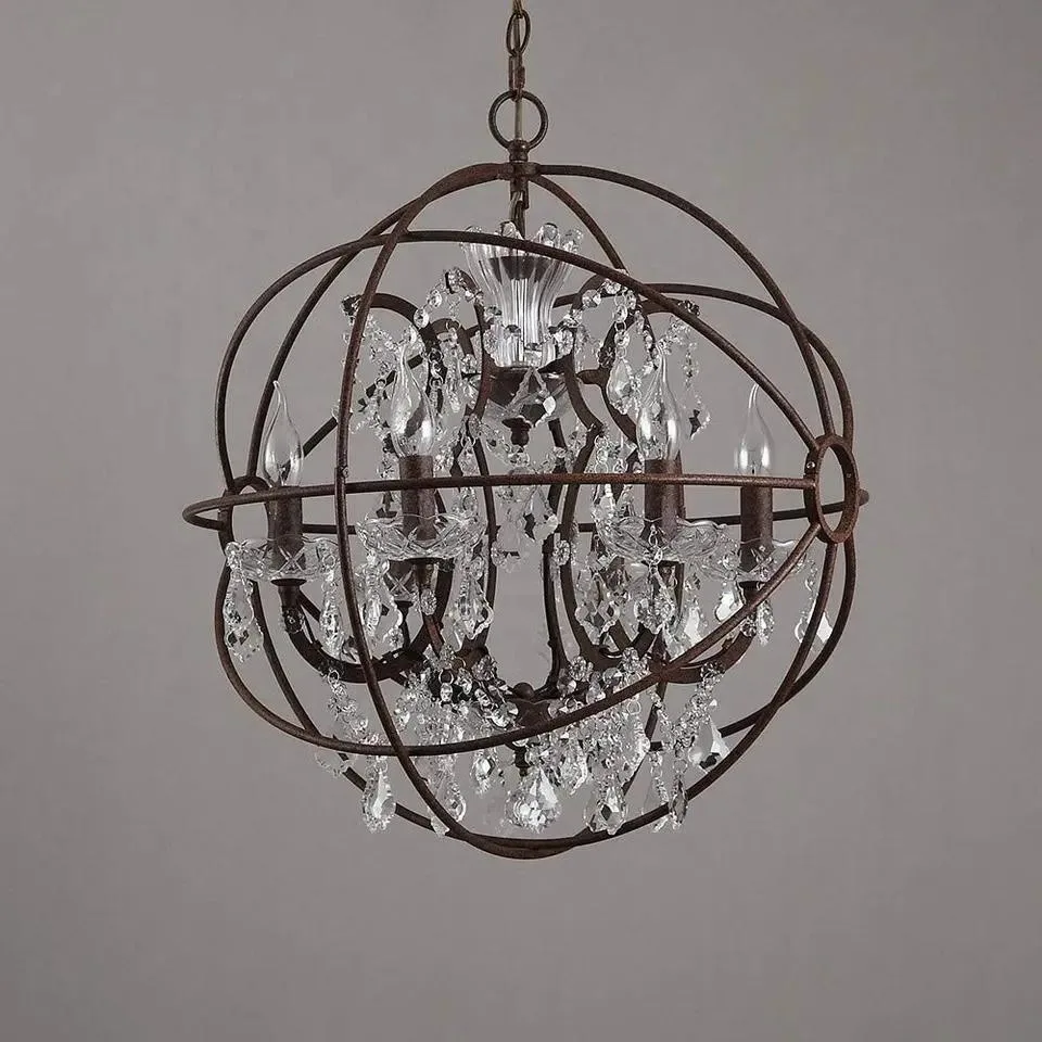 Classic Vintage 6-Lights Clear Crystal Chandelier Rustic Iron Round Pendant Light for Dining Room