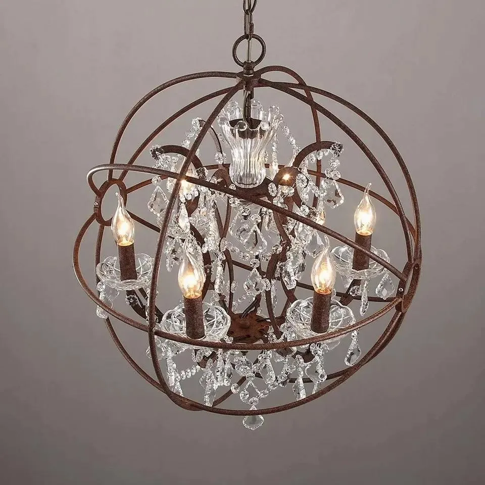 Classic Vintage 6-Lights Clear Crystal Chandelier Rustic Iron Round Pendant Light for Dining Room