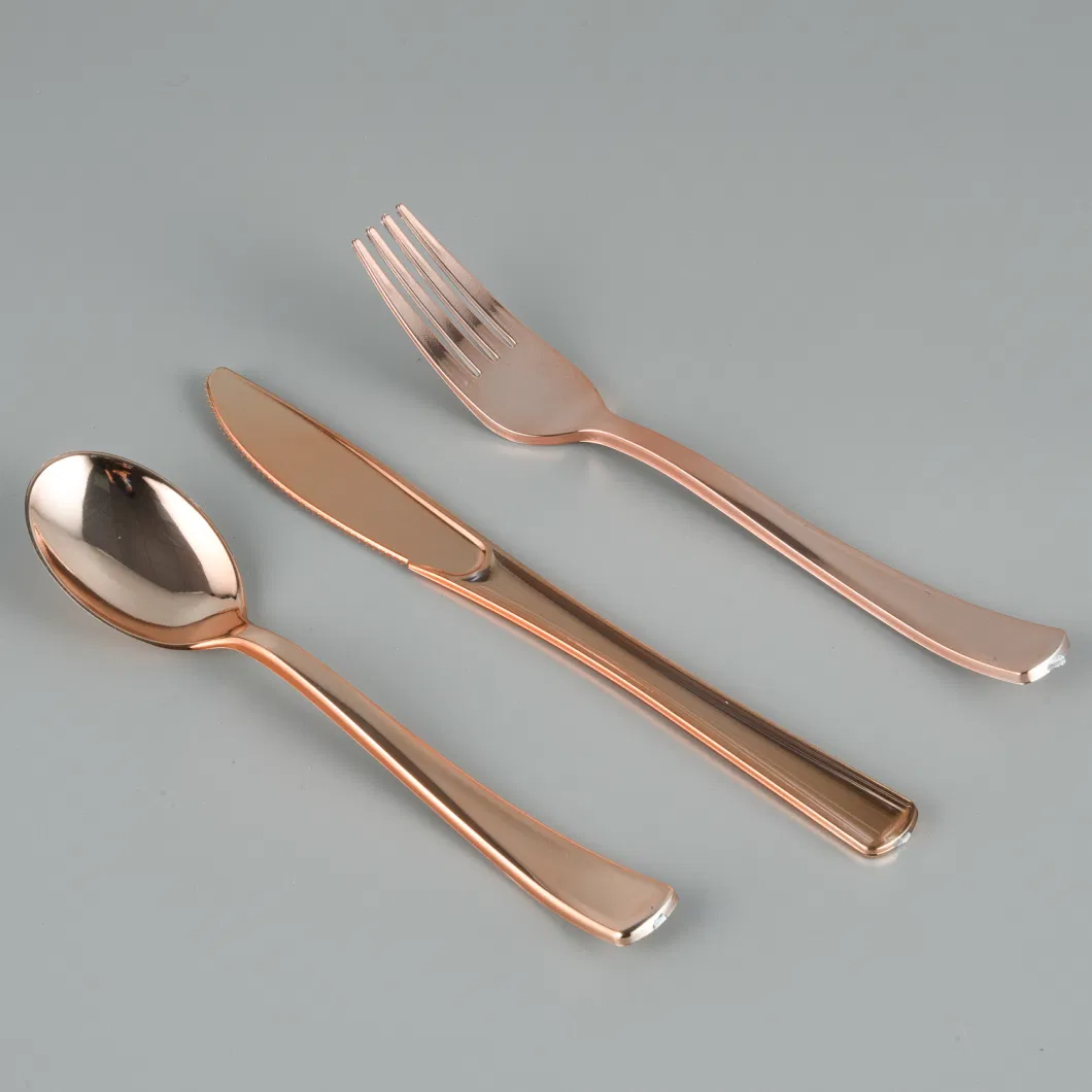 Wedding Party Rose Golden Cutlery Set Plastic Disposable Spoon Fork Knife for Party