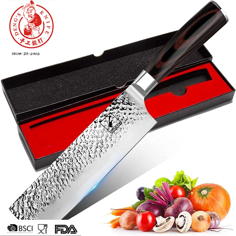 DS-2402 7 Inch Ultra-Sharp High-Carbon German Steel Hammered Blade with Wood Handle Cleaver Knife Kitchen Chef Knife Set Stainless Rivet