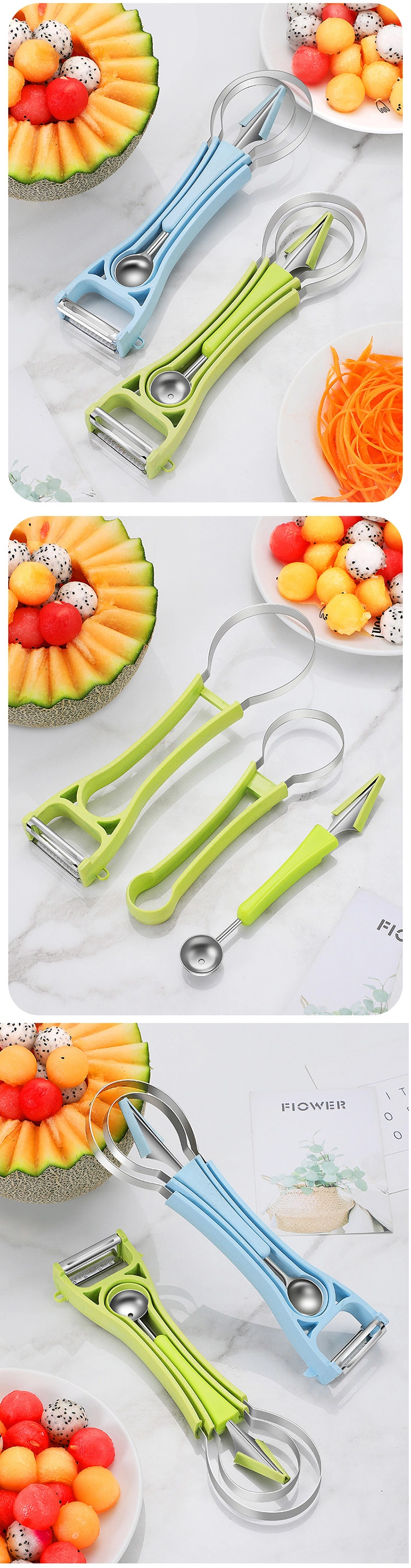 3 in 1 Stainless Steel Fruit Tool Set Scoop Corer Remover Carving Knife Pulp Separator