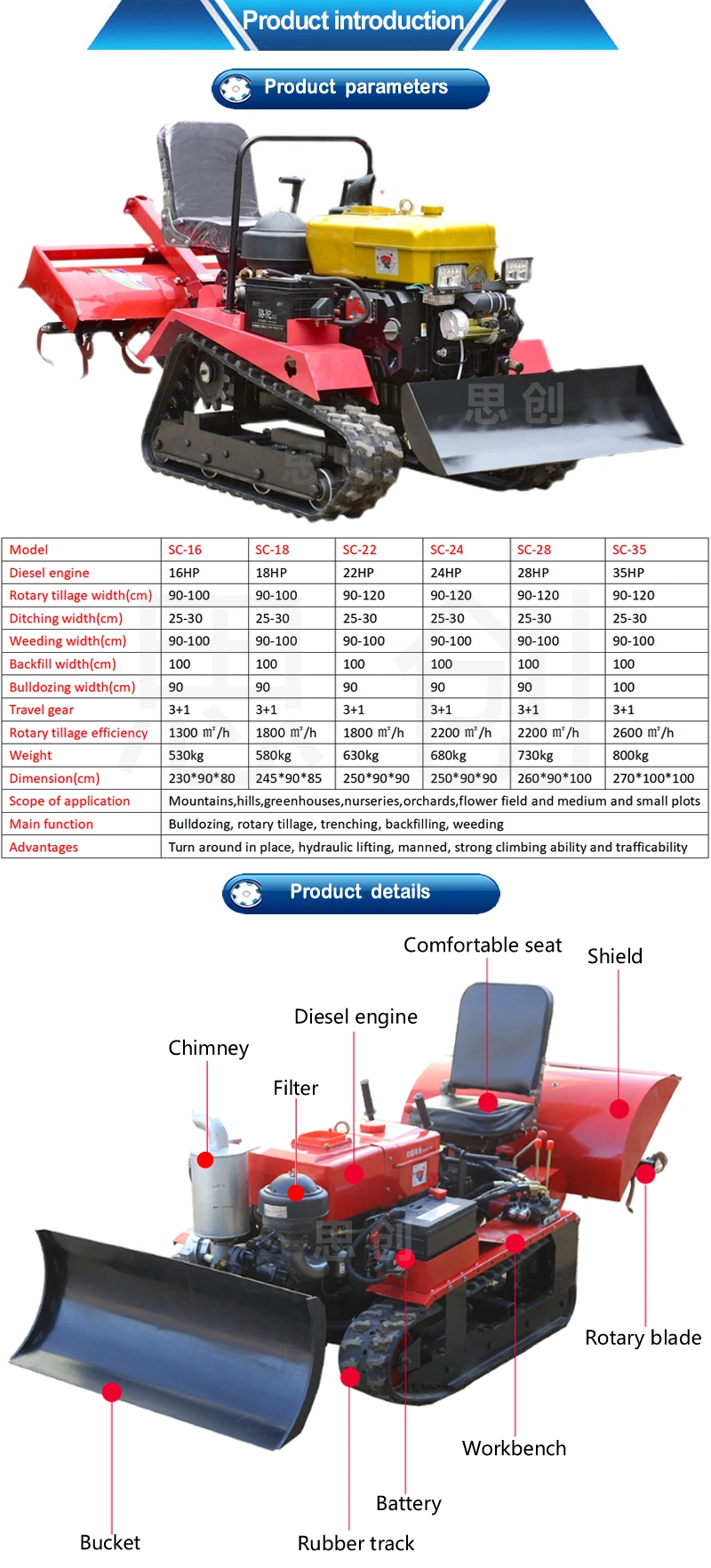 Agricultural Mini Crawler Tractor 25HP Power Farm Cultivator Rotary Tiller