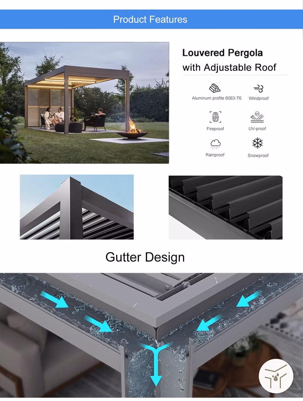Bioclimatic Pergola Patio Covers Shade Outdoor Sum Room Gray Louvered Pergola 10X20 Aluminum Structure with Adjustable Louvered Roof Gazebo