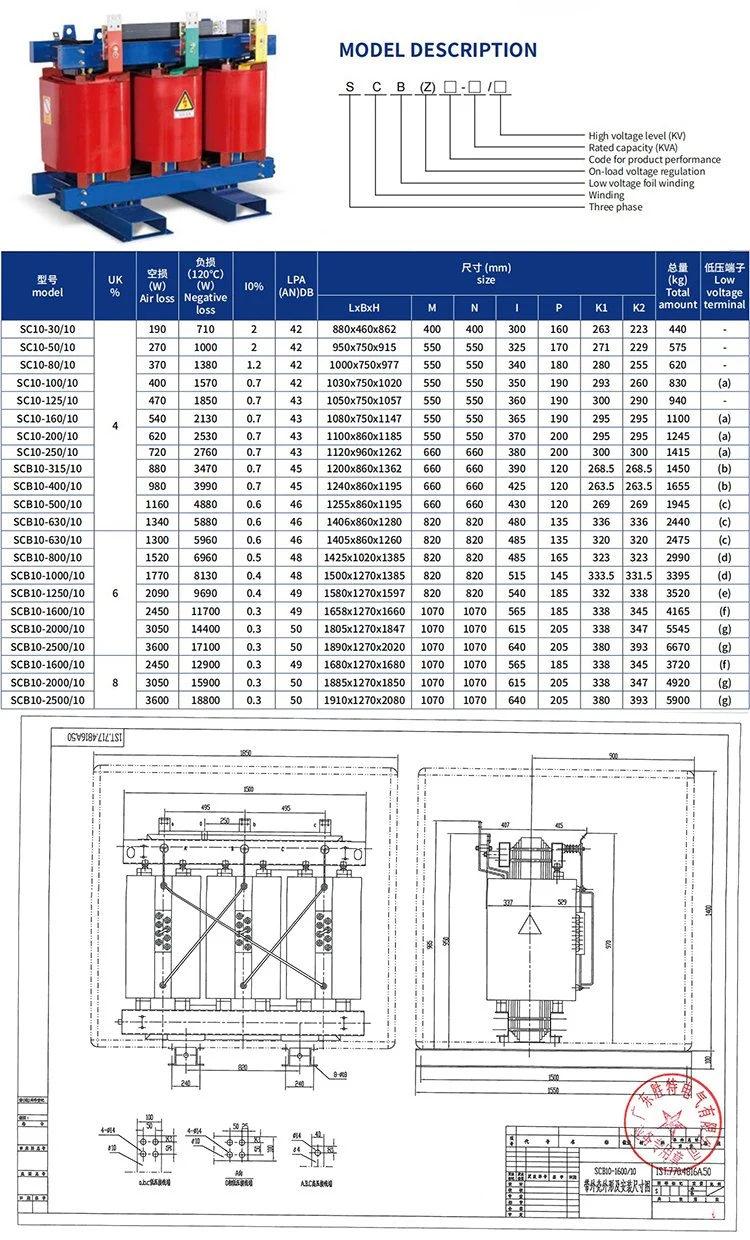 Rated Capacity 1250 kVA Cast Resin Dry Type Transformers 12kv 11kv 415V Model Scb10/11 ISO Approved 160kVA 690V 400V 220V Power Electrical Transformer