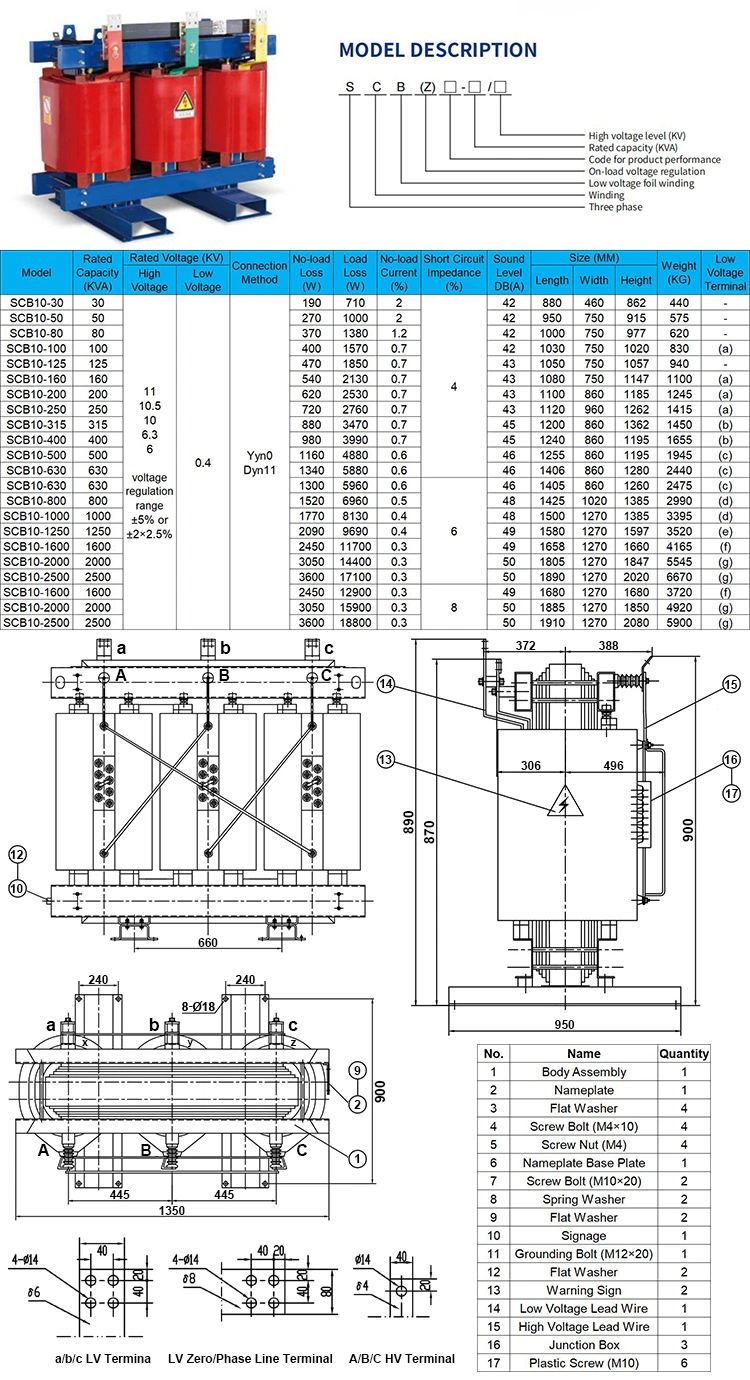 Custom 25 50 80 100 160 200 350 400 kVA 10kv 11kv 0.4kv Three Phase 3 Cast Resin Dry Type Step-Down Power Distribution Transformer