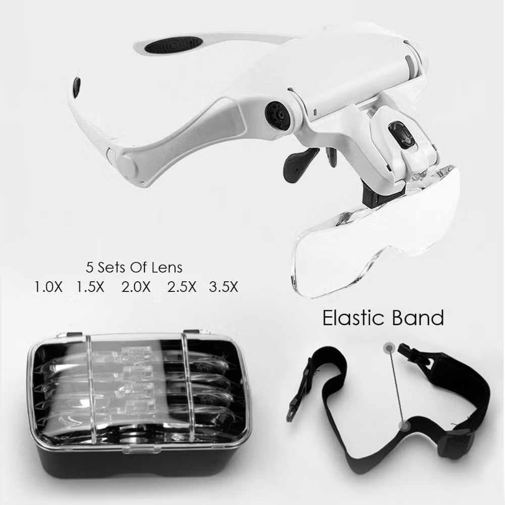 1.0X 1.5X 2.0X 2.5X 3.5X Lente Regolabile 5 Loupe con Luce LED e Cinghia per la Testa, Occhiali Magnificatori con Lampada