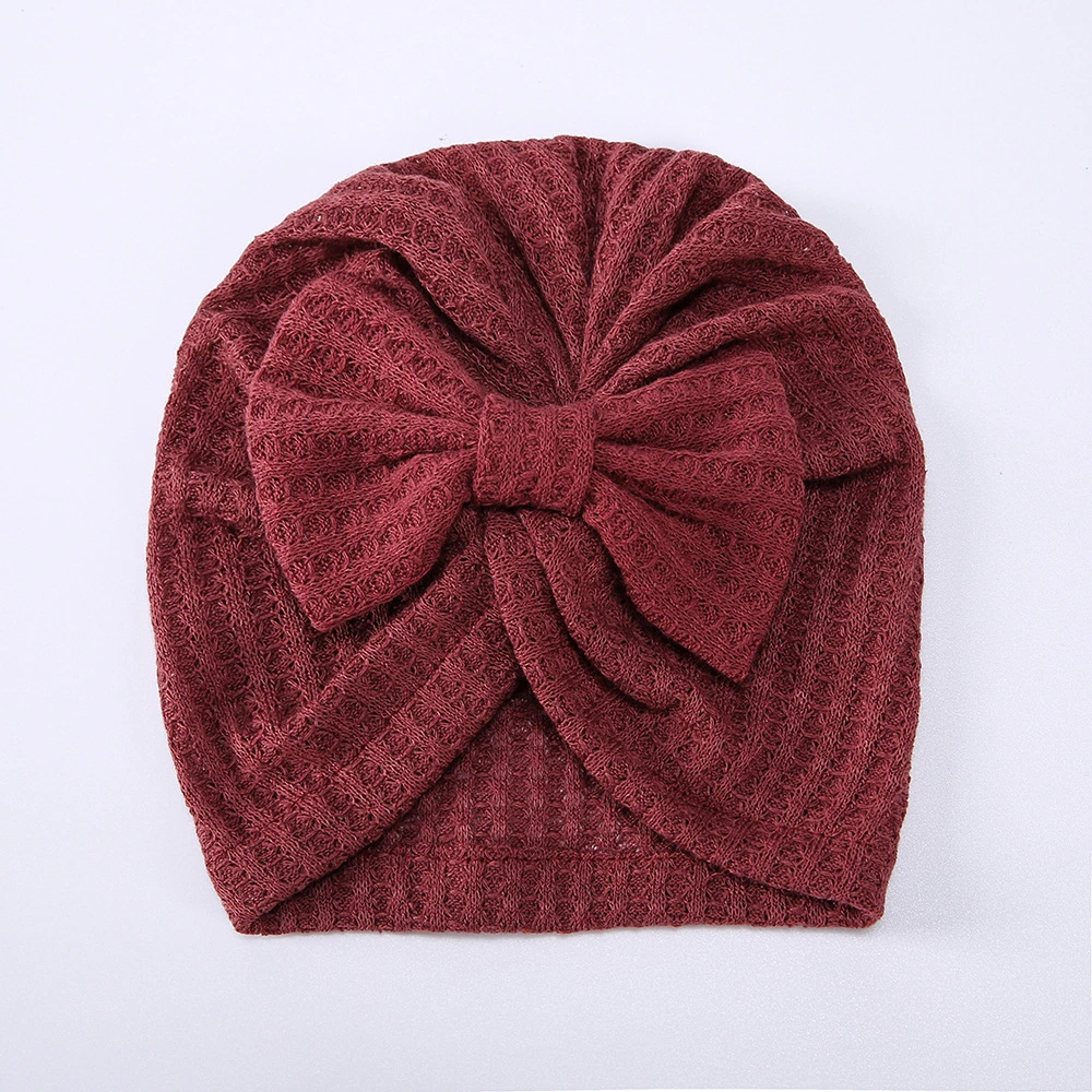 New Children&prime;s Waffle Wool Hat Bow Indian Pullover Hat Headband for Baby