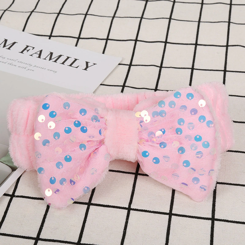 Wholesale Custom Logo Makeup Headbands Fashion Women Soft Wash Face Make up Hair Band SPA Bowknot Sequin Headband for Ladies