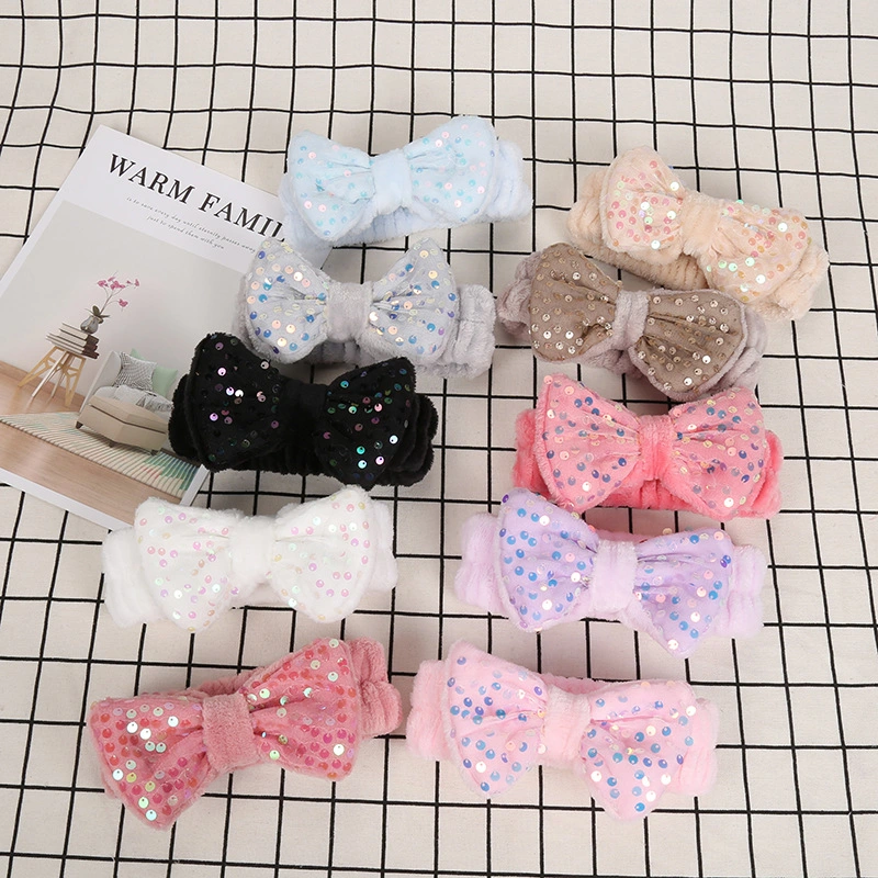 Wholesale Custom Logo Makeup Headbands Fashion Women Soft Wash Face Make up Hair Band SPA Bowknot Sequin Headband for Ladies