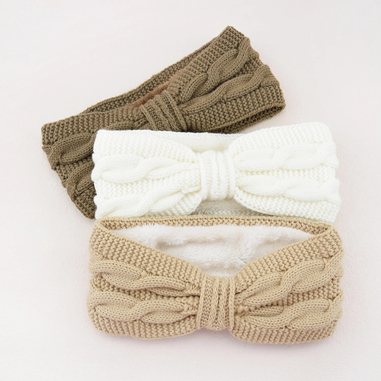 Warn Bow Fuzzy Fleece Lined Bow Hairband Knitted Headband Winter for Women