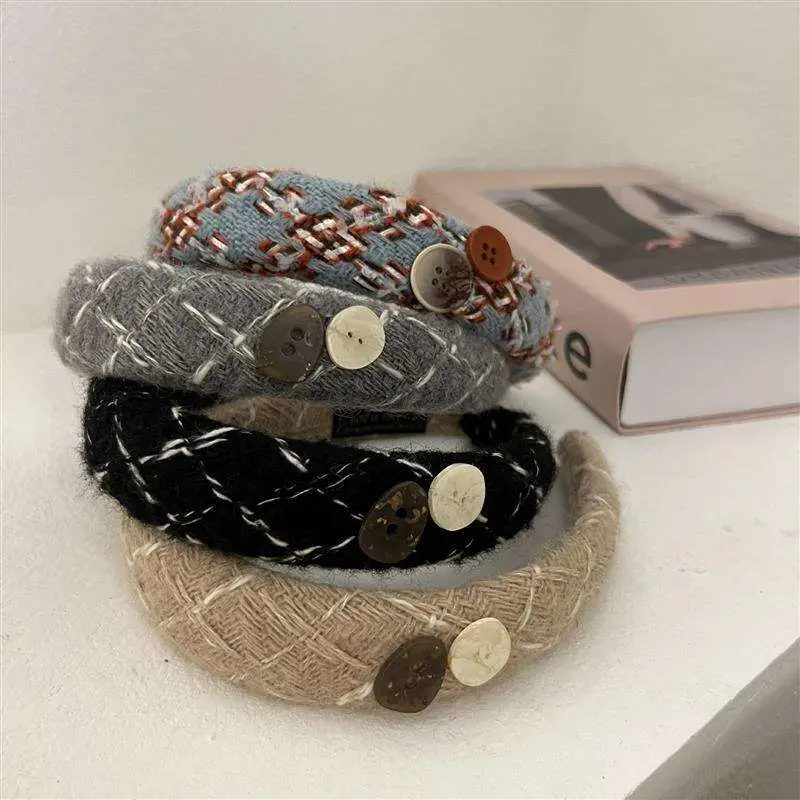 New Design Utton Plaid Wool Hair Hoop Female Wide Edge Headband