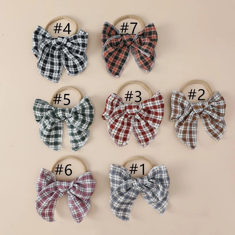 Wholesale Baby Bow Narrow Headband Girl&prime;s Gingham Fabric Bow Headband for Baby