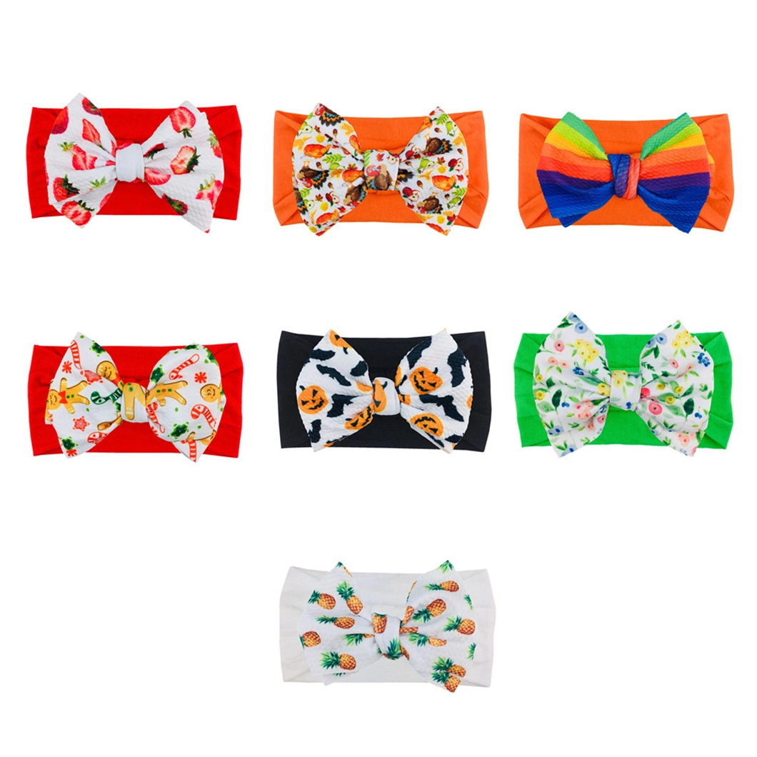 European Children&prime;s Soft Nylon Hair Ties Babies Printed Bubble Cloth Bow Elastic Headband